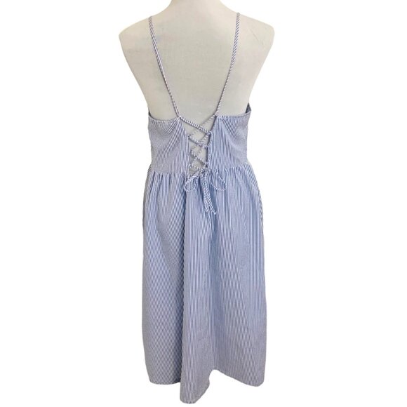 Divided Beach Striped Dress Sz 10 Spaghetti Strap Lace Up Back Button Blue White - Picture 2 of 14